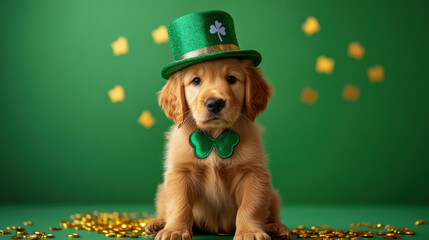 Happy golden retriever puppy in festive St Patrick's day green hat on green holiday background. Irlend and Irish traditional holiday. Banner, poster with copy space