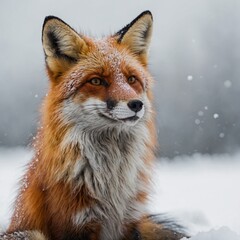 Fototapeta premium A fox with multi-colored fur sitting peacefully on a clear white background.