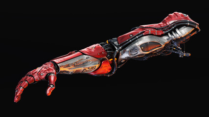 Futuristic red and metallic robotic arm with intricate design, wires, and components on a black background, showcasing advanced technology