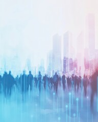 Abstract Cityscape with Blurred Figures and Digital Connections: A Modern Urban Scene.