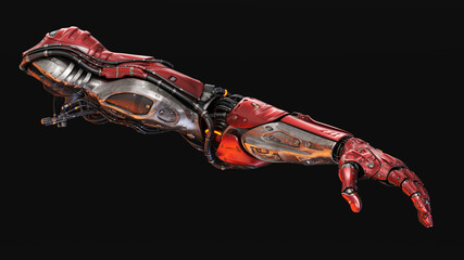 Futuristic red and silver robotic arm with intricate mechanical details on a dark background symbolizing advanced technology and innovation