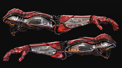 Futuristic robotic arms in metallic red with intricate design details and technology elements isolated on a black background for sci-fi themes