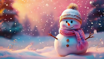 冬の真っ白な雪が積るピンク色の夕焼けの風景と雪だるまのイラスト。aiで生成