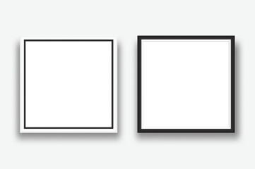 Realistic Square blank plastic or wood frame photo mockup. Empty  wall photo framing template isolated on background. Vector mockup for picture, painting, poster, photographs or art gallery
