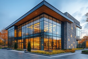 Obraz premium Modern architectural design showcases large glass walls and warm lighting in a landscaped environment during early evening