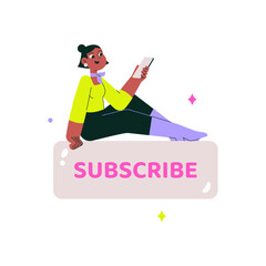 Woman Sitting On Subscribe Button With Phone In Flat Vector Illustration Symbolizing Social Media Engagement, Subscriptions, And Online Connectivity, Isolated On White Background.