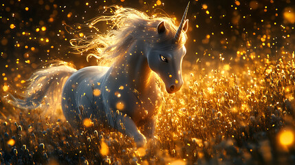 A majestic unicorn gallops through a field illuminated by golden light and sparkles.