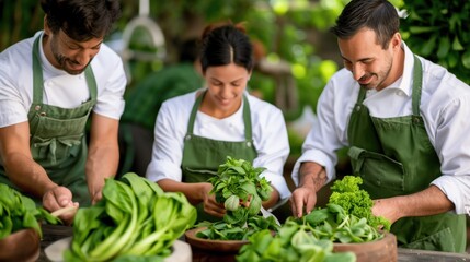 Team of chefs collaborating on fresh organic salad preparation in a lush garden setting