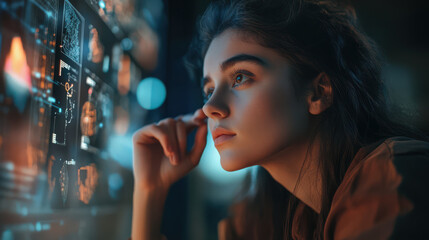 Fototapeta premium Woman looks screen artificial intelligence data