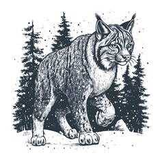 Naklejka premium Majestic lynx in snowy forest, winter wildlife illustration.