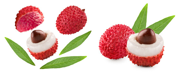 Fresh lychee with leaves isolated on white background. clipping path