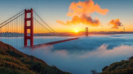 Fototapeta premium Golden Gate Bridge at Sunrise: A Majestic Fog-Shrouded Panorama of San Francisco