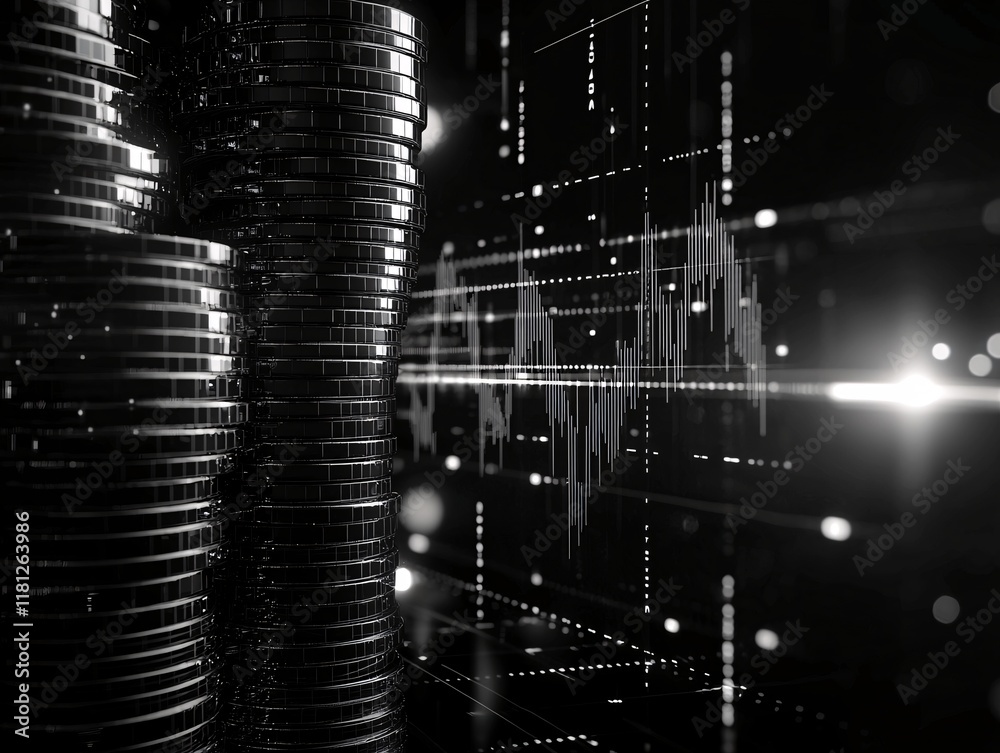 Poster a 3d rendering of stacked coins alongside a line graph symbolizing growth stages