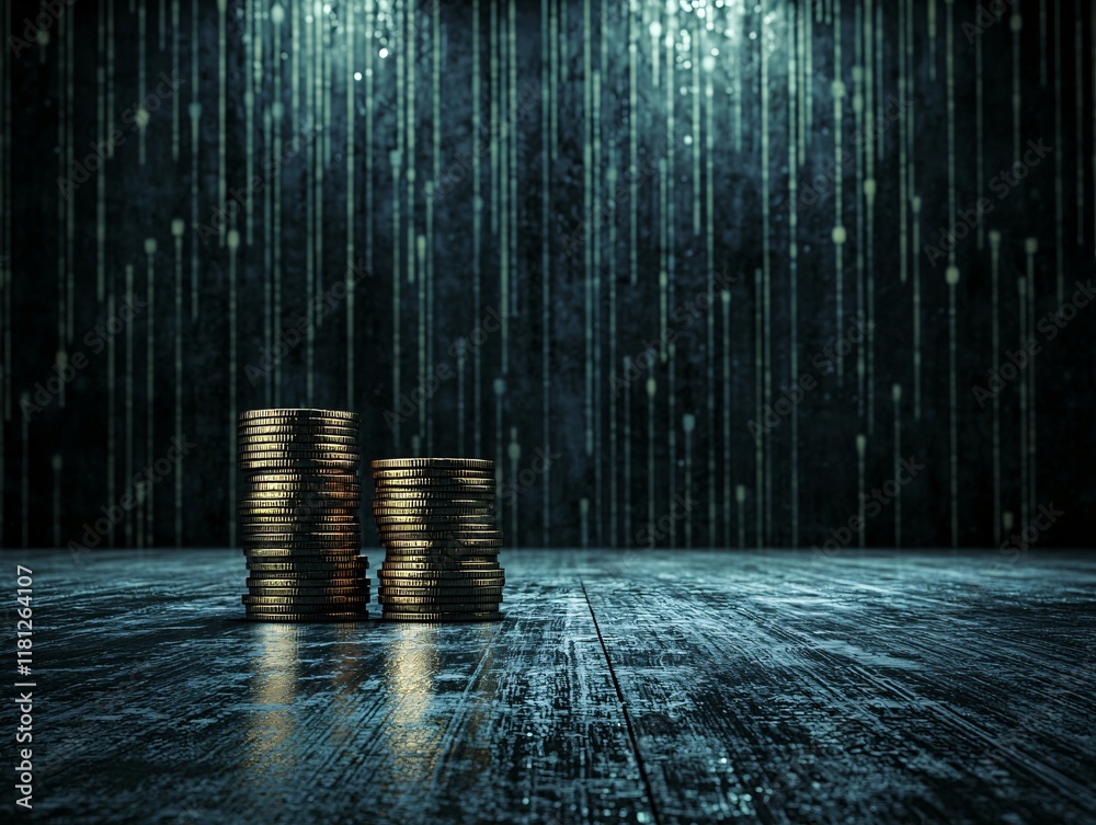 Poster a 3d rendering of stacked coins alongside a line graph symbolizing growth stages