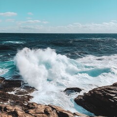 Fototapeta premium A photo of waves crashing on a rocky shore with white foam spraying.