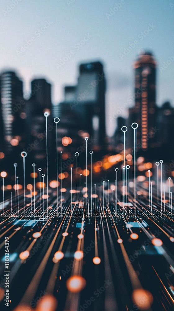 Poster abstract data points and line graphs superimposed over a city skyline background
