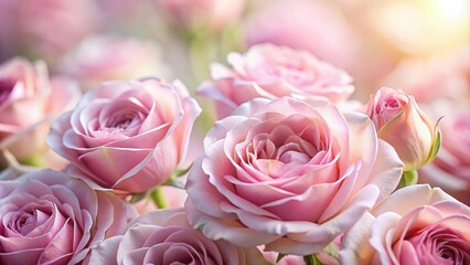 Delicate petals of pink roses unfolding like silk in a soft focus background, flower arrangement, botanical images