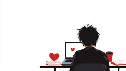 バレンタインEカードをデザインする黒髪の男性のイラスト