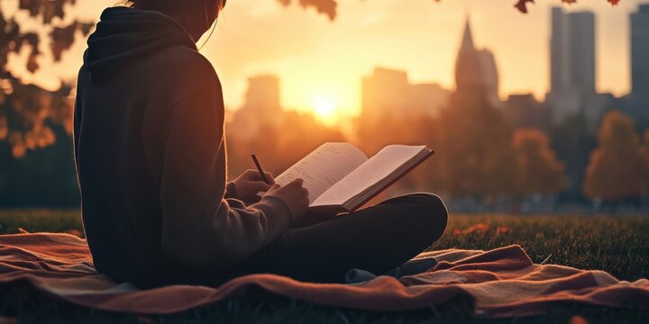 Autumn reflection: cozy journaling in sunset park - ideal for self-exploration and relaxation content