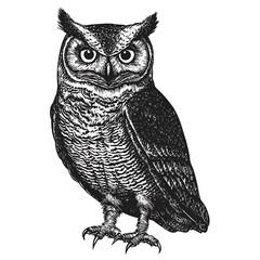 Majestic great horned owl, detailed ink drawing.