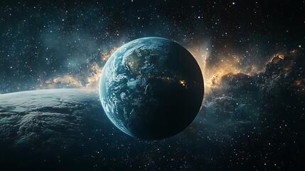 Obraz premium Serene cosmic view of a bluegreen planet surrounded by shimmering stars and faint colorful galactic clouds floating in the vastness of space