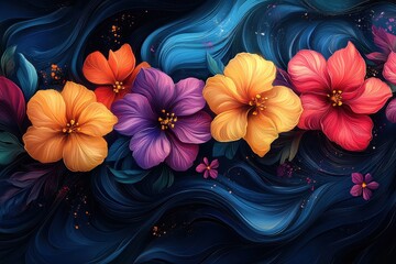 Obraz premium Colorful arrangement of tropical flowers with swirling blue background