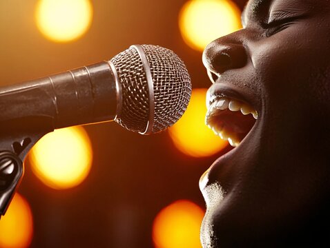 Close-up of a singer&acirc;&euro;&trade;s intense expression during a live concert, sweat glistening under bright stage lights, immersive and vivid details
