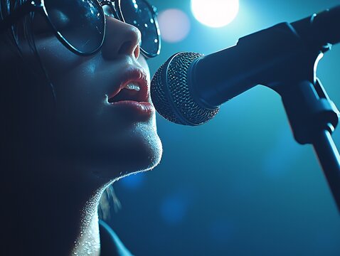 Close-up of a singer&acirc;&euro;&trade;s intense expression during a live concert, sweat glistening under bright stage lights, immersive and vivid details