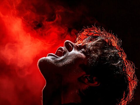 Close-up of a singer&acirc;&euro;&trade;s intense expression during a live concert, sweat glistening under bright stage lights, immersive and vivid details