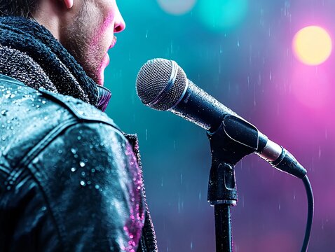 Close-up of a singer&acirc;&euro;&trade;s intense expression during a live concert, sweat glistening under bright stage lights, immersive and vivid details