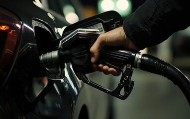 Close-up of a hand refueling a car at a gas station, emphasizing transportation, energy, and automotive services concepts