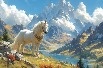 Majestic Unicorn Stands Proudly In Mountainous Landscape