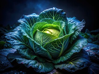 Obraz premium A dark green cabbage, dramatically lit, commands attention in this nighttime still life.