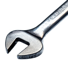 A close-up image shows a metallic wrench isolated against a white background showcasing its detailed texture and structure.