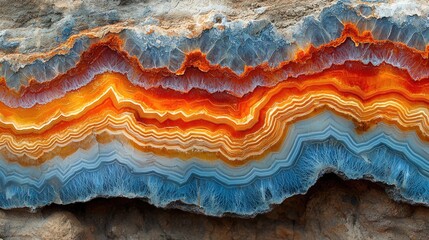 Naklejka premium Mesmerizing Agate Stone: A Captivating Display of Nature's artistry. Vibrant Bands of Orange, Blue, and White Create a Stunning Geological Masterpiece.