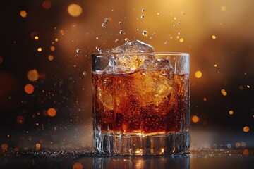 Dramatic dark rum pour into glass with ice captivating bar scene high fidelity close-up view beverage photography