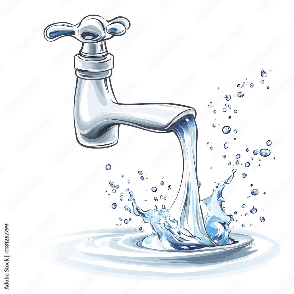 Poster a silver faucet pours water that splashes into a basin creating ripples and droplets.