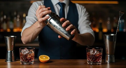 A bartender shaking a cocktail in a shaker. bartender, cocktail, shaking, drink, beverage, alcohol, bar, night, nightlife, party, entertainment, service, mixology, bartender, profession, occupation, s