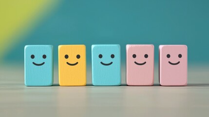 Five colorful dominoes with smiling faces arranged in a row, set against a vibrant background.