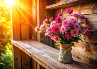 Fototapeta premium Aerial drone shot: rustic pink floral bouquet on farmhouse shelf, charming rustic decor.