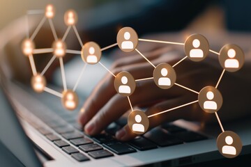 Digital networking and social connections concept with hands typing on laptop