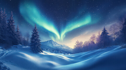 Naklejka premium ``` Northern lights over snow land, mysterious wonder
