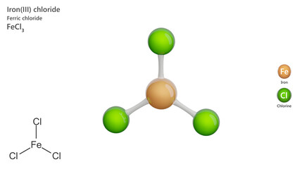 Molecule: Iron(III) Chloride. Molecular structure. Formula: FeCl3. Chemical model: Ball and stick. White background. 3D illustration.