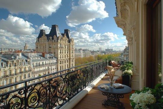 Scenic view from a balcony overlooking Parisian architecture and vibrant city life under a bright sky