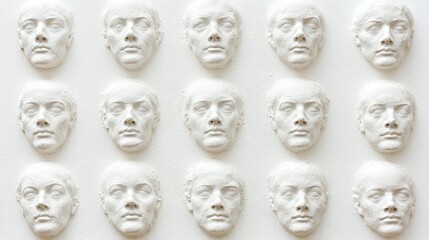 Fototapeta premium A grid of white sculpted faces arranged in rows, showcasing a uniform appearance and expression, emphasizing artistic repetition and form.