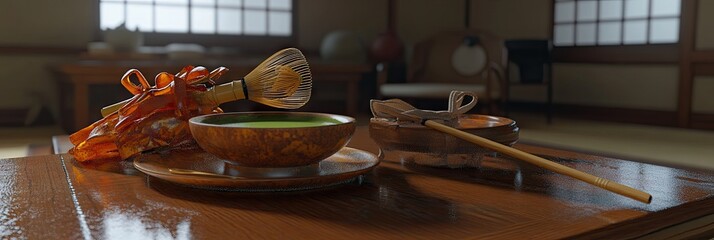 A traditional tea set with matcha, whisk, and bowls, showcasing Japanese tea culture.