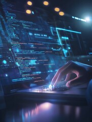 A programmer typing on a holographic screen with glowing code lines.