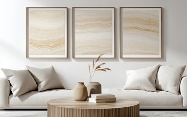 Elegant trio of frames with neutral palettes perfect for showcasing creative content, artwork, or home decor inspirations