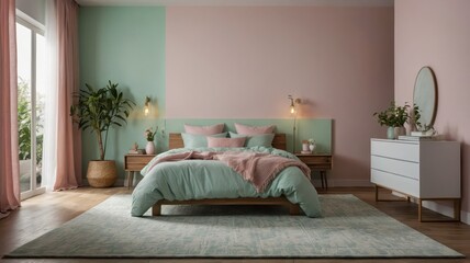 create a minimalist bedroom with a cheerful