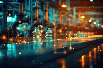 Futuristic beverage production line with digital interface in a modern factory environment